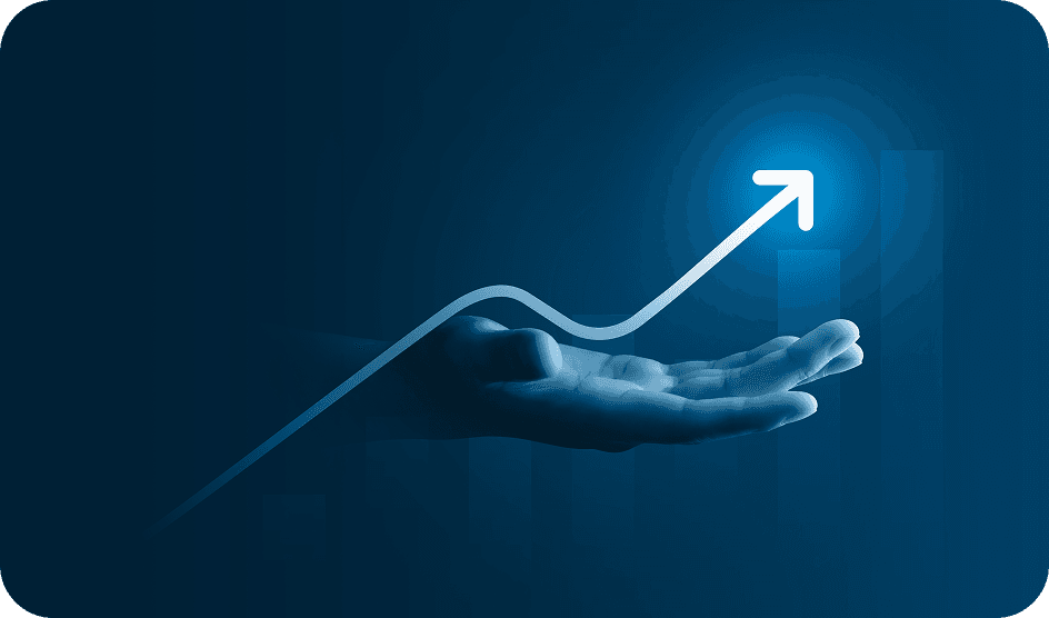 Hand holding an upward growth arrow graphic