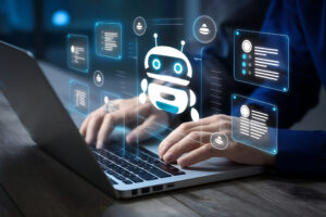 Chatbot conversation assistant. Person using online customer service with chat bot to get support. Artificial intelligence and CRM software technology, customer support center, CONTACT US