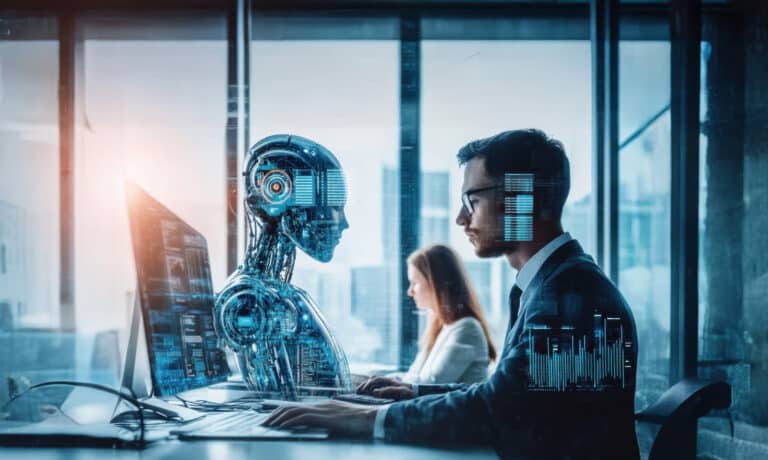 A business man working alongside an artificial intelligence cybo
