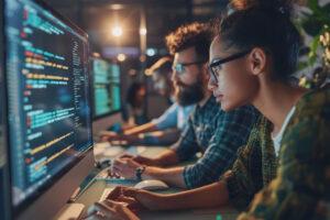 A group of developers men and women working together to program an e commerce website.