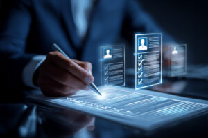 Businessperson reviewing digital profiles and data