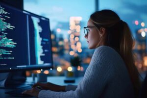 Focused Woman Coding on Computer in Evening Office, Software Development , Technology