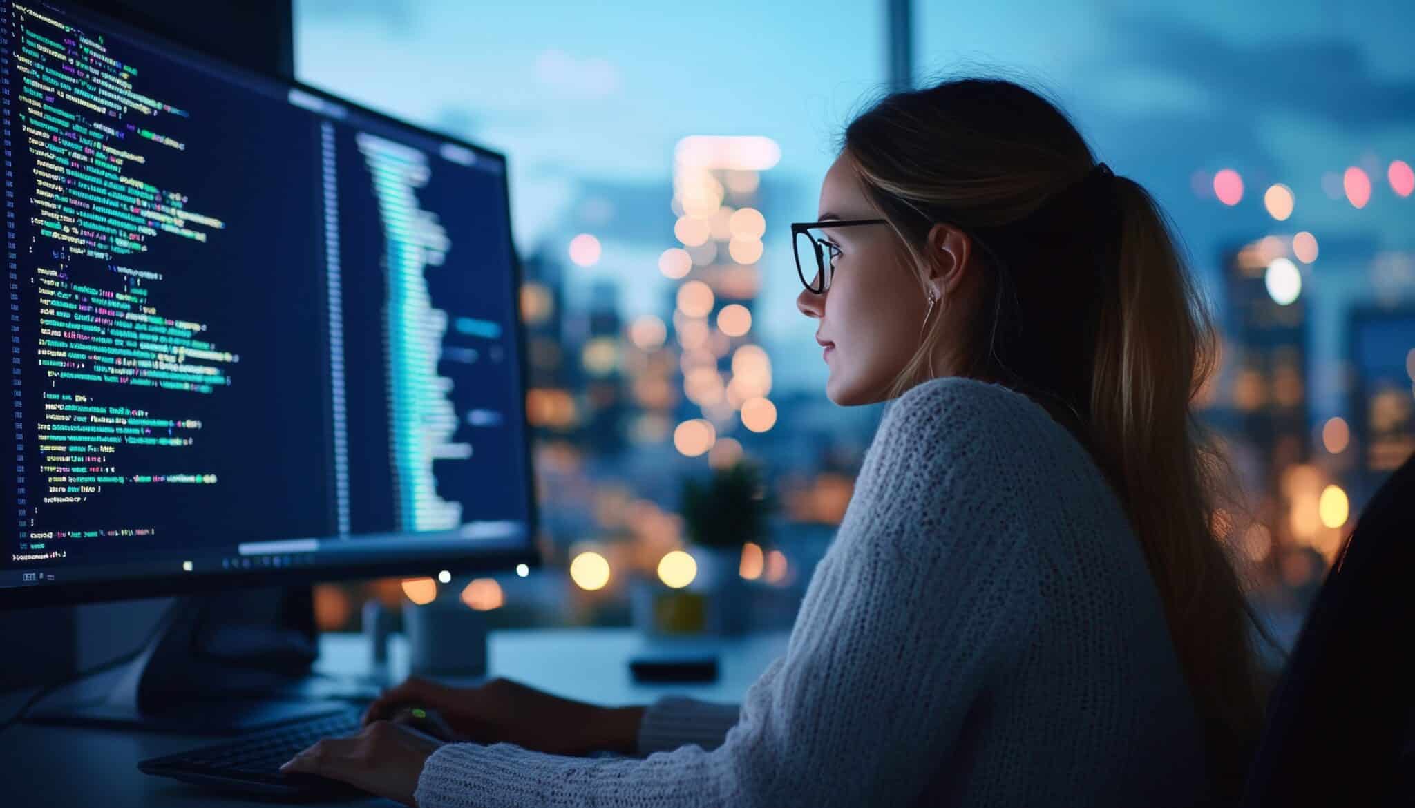 Focused Woman Coding on Computer in Evening Office, Software Development , Technology Focused Woman Coding on Computer in Evening Office, Software Development , Technology