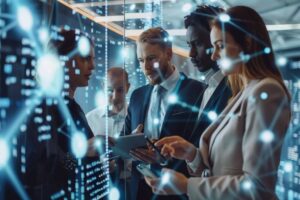 Business professionals worldwide collaborating through digital channels, focusing on customer service, data exchange, and global outsourcing