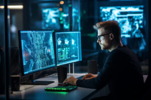 A man works at a computer. Modern technologies in business. AI g