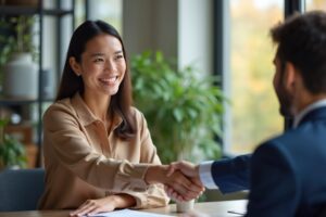 Businesswoman shaking hands client after successful deal, contract signing. Smiling female manager hr hiring recruit at job interview. Happy people. Teamwork, partnership concept.