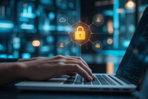 A person's hand typing on a laptop keyboard, with various cybersecurity icons and symbols overlaying the image, including a lock icon, an envelope icon, and other digital security elements