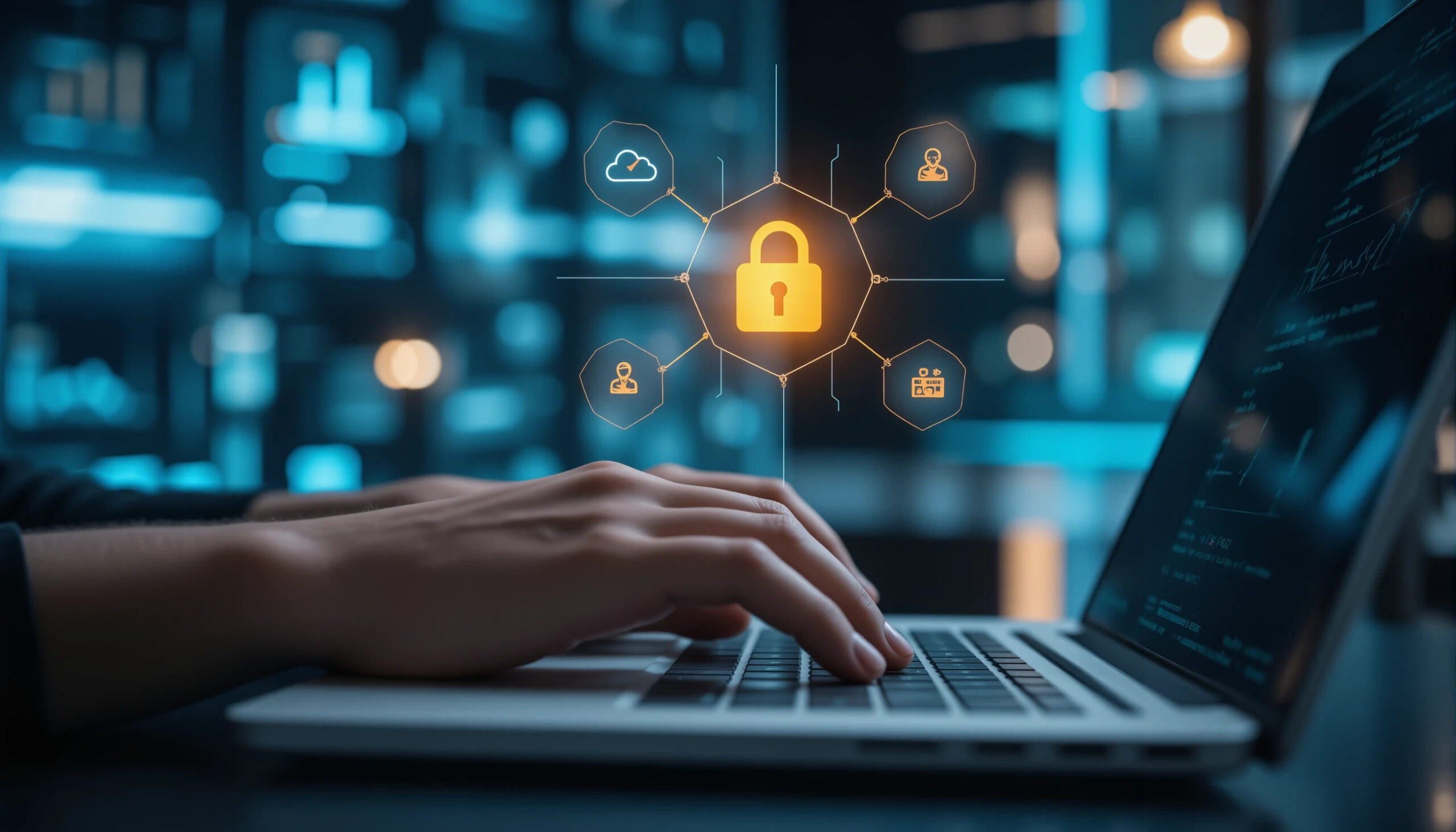 A person's hand typing on a laptop keyboard, with various cybersecurity icons and symbols overlaying the image, including a lock icon, an envelope icon, and other digital security elements