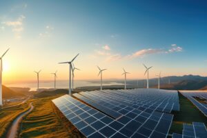 Solar cell in solar farm, Alternative energy and sustainable energy, photovoltaic, Pure energy renewable, clean energy, solar energy, reduce global warming, environment, green energy, generate by .AI