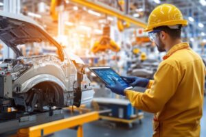 Worker Using Tablet in Modern Automotive Manufacturing Facility