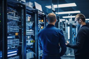 Telecom engineers managing 5G network infrastructure with cloud-based systems and hybrid staffing model